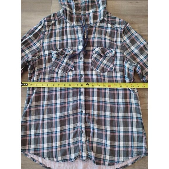 Boston Traders Womens Blue and Purple Plaid Button Down Shirt Jacket Hooded Shac - Picture 10 of 12